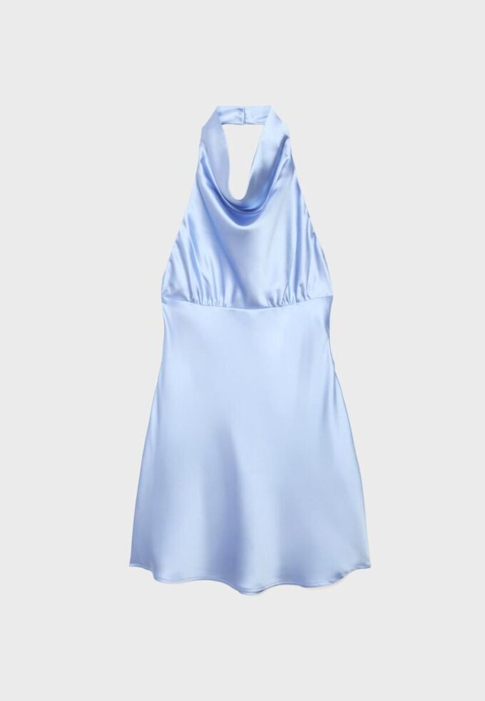 Abito corto in raso con scollo all’americana