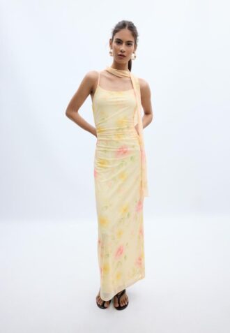 Abito midi in tulle stampato con sciarpa