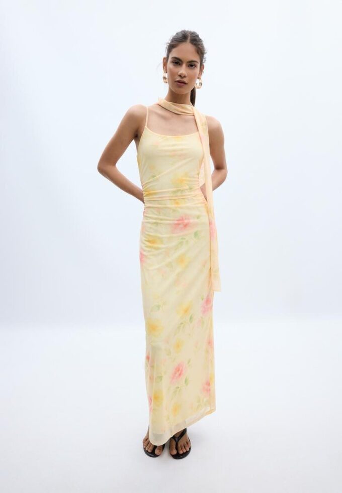 Abito midi in tulle stampato con sciarpa