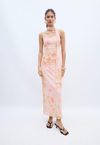 Abito midi in tulle stampato con sciarpa