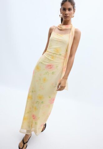 Abito midi in tulle stampato con sciarpa