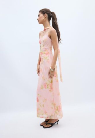 Abito midi in tulle stampato con sciarpa