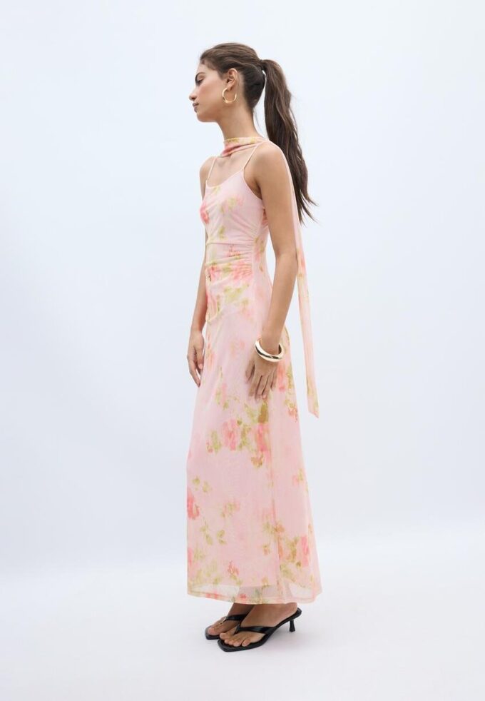 Abito midi in tulle stampato con sciarpa