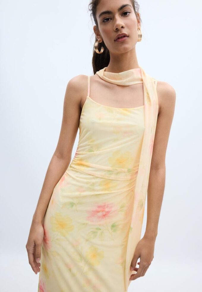 Abito midi in tulle stampato con sciarpa