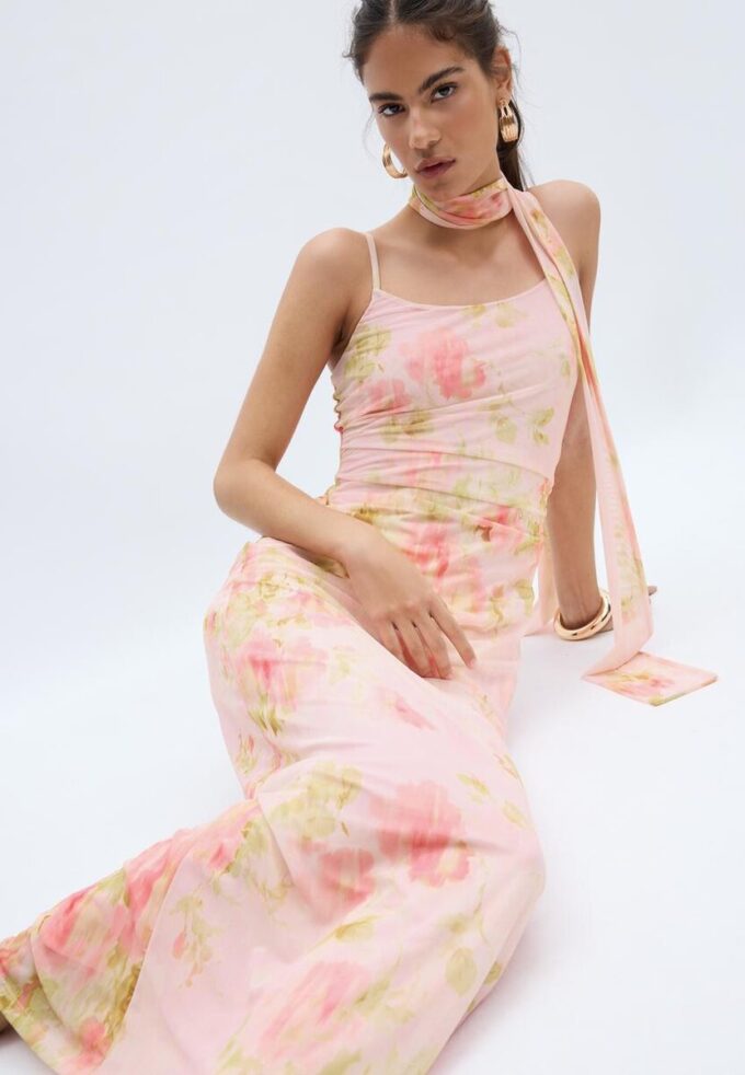 Abito midi in tulle stampato con sciarpa