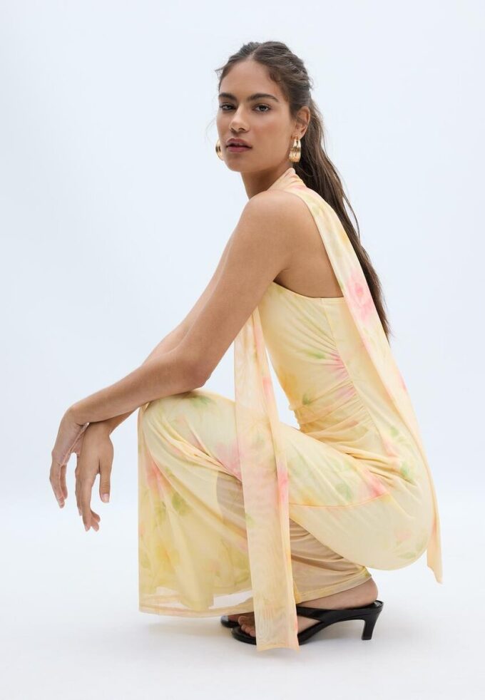 Abito midi in tulle stampato con sciarpa