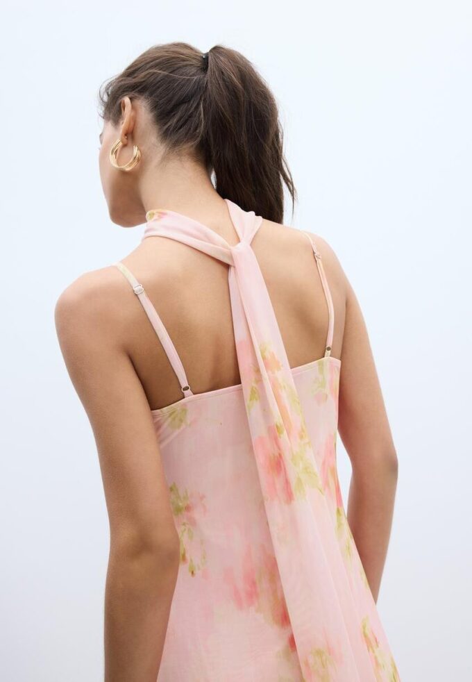 Abito midi in tulle stampato con sciarpa