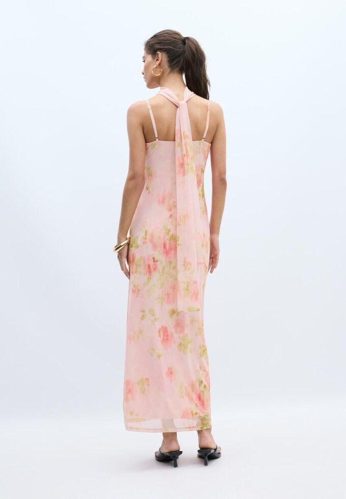 Abito midi in tulle stampato con sciarpa