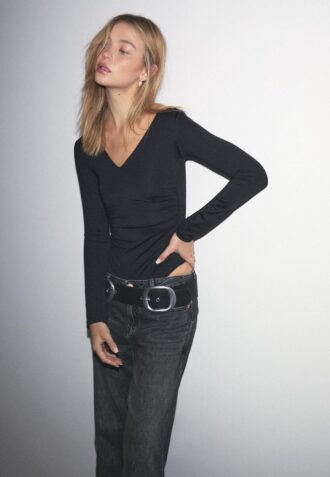 Body in poliammide con arricciature e scollo a V