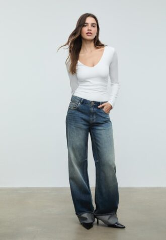 Body in poliammide con arricciature e scollo a V