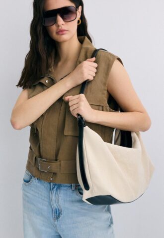 Borsa a tracolla in tela a contrasto