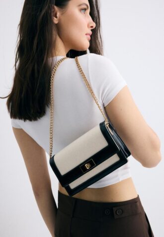 Borsa a tracolla in tela a contrasto