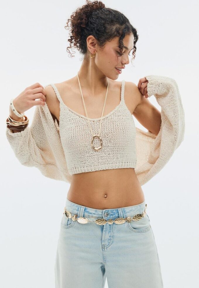 Cardigan in maglia con maniche a pipistrello e laccio