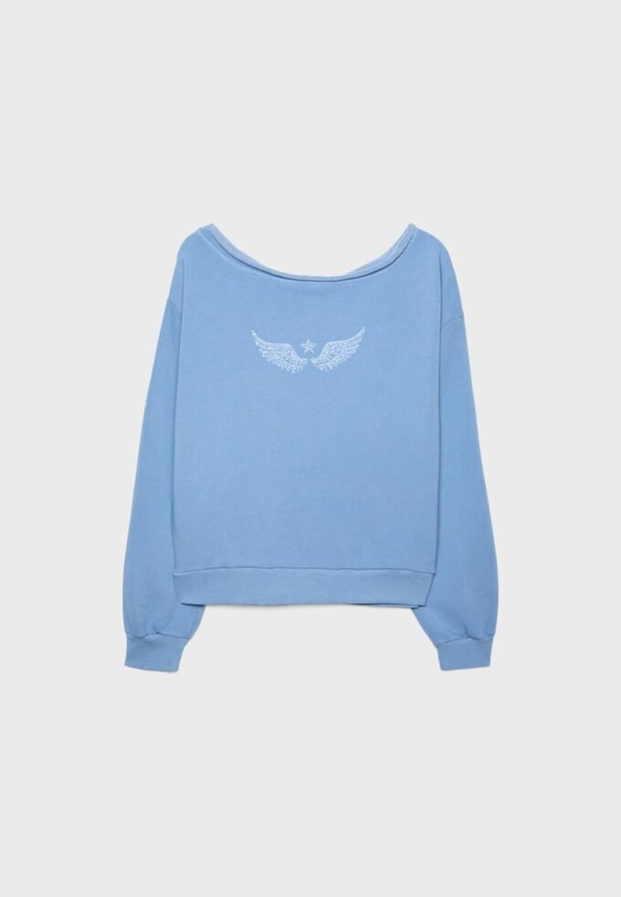 Felpa con collo a barchetta e ali in strass Felpa con collo a barchetta e ali in strass