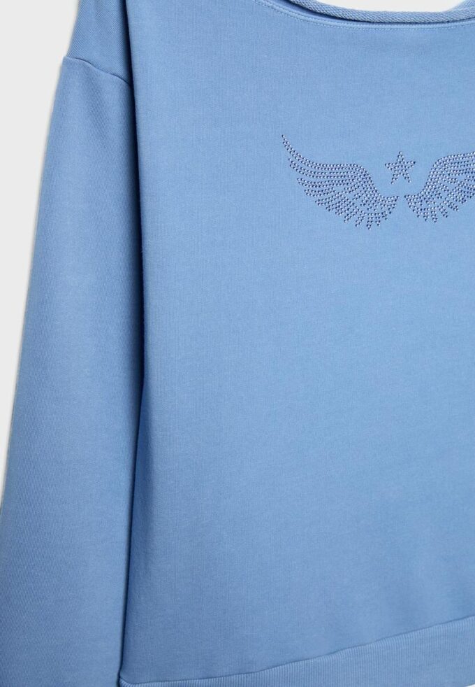 Felpa con collo a barchetta e ali in strass Felpa con collo a barchetta e ali in strass