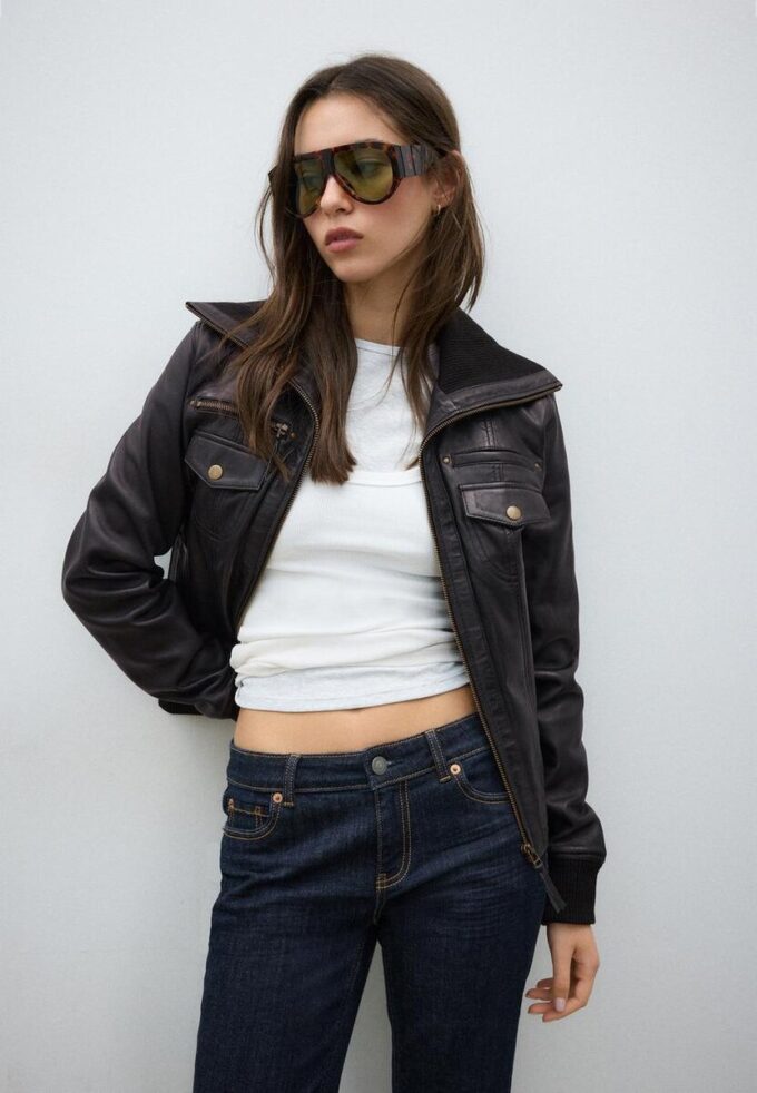 Giacca in pelle combinata a coste