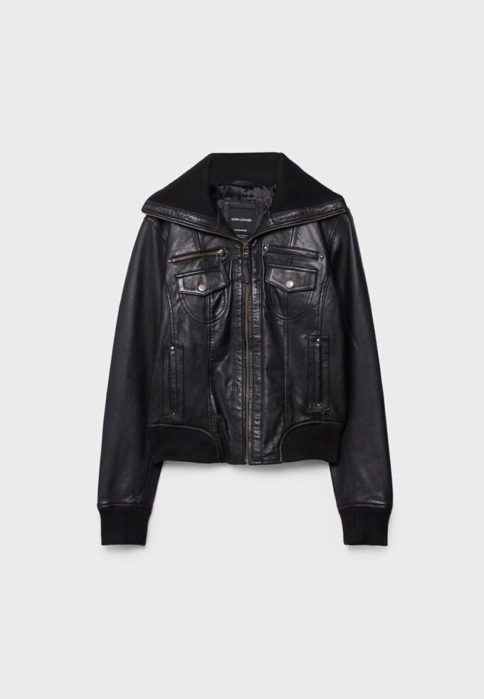 Giacca in pelle combinata a coste