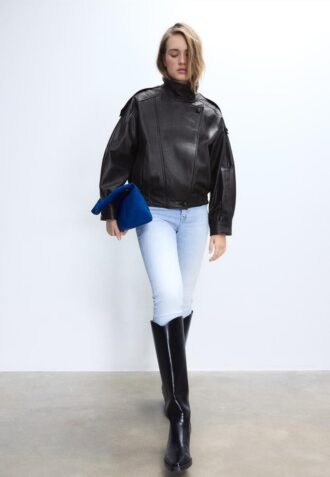 Giacca oversize con patta in 100% pelle