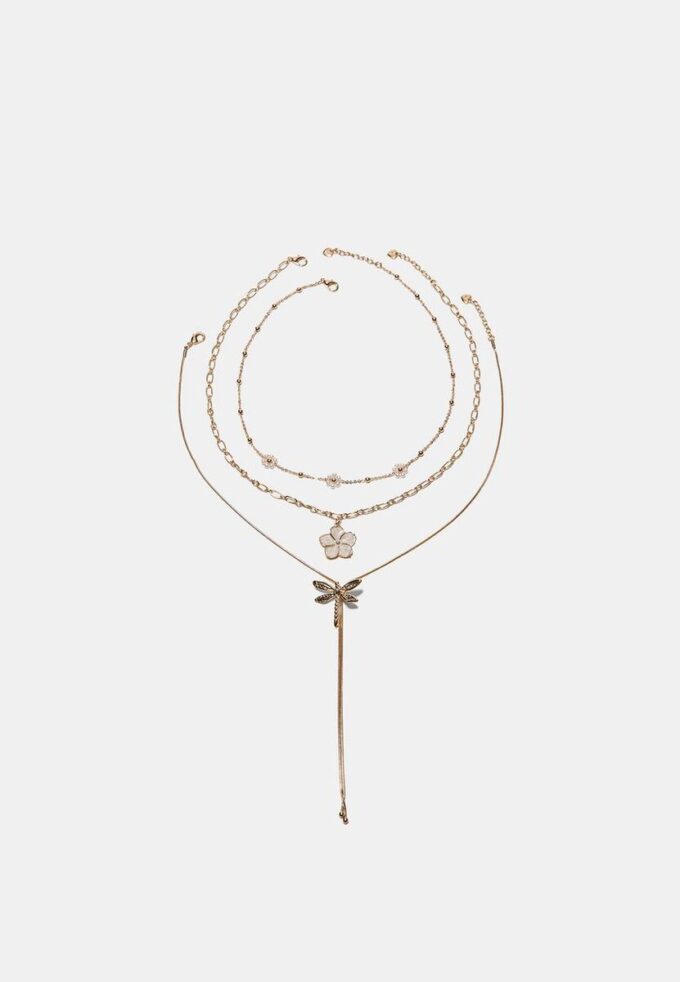 Set di 3 collane con fiori e libellule