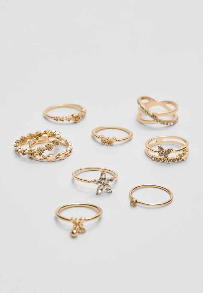 Set di 9 anelli a farfalla e strass