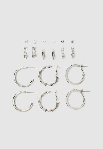 Set di 9 orecchini a cerchio con strass e perline