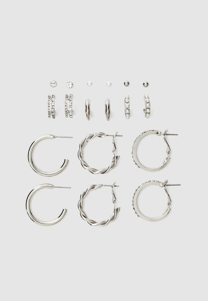 Set di 9 orecchini a cerchio con strass e perline