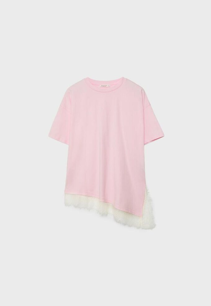 T-shirt a maniche corte con orlo in pizzo