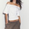 T-shirt a maniche corte con scollo a barchetta e arricciature T-shirt a maniche corte con scollo a barchetta e arricciature