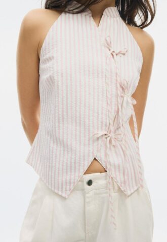 Top halter con nodo semi-increspato in stile qipao