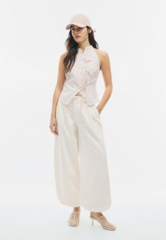 Top halter con nodo semi-increspato in stile qipao