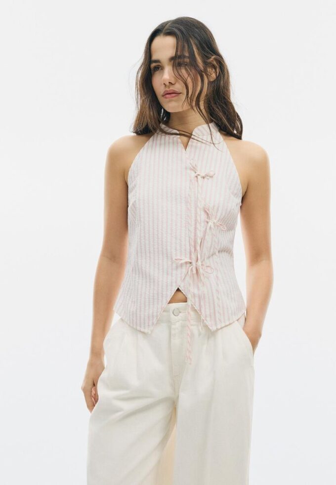 Top halter con nodo semi-increspato in stile qipao