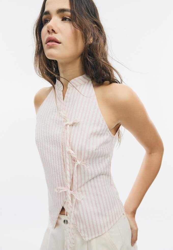 Top halter con nodo semi-increspato in stile qipao