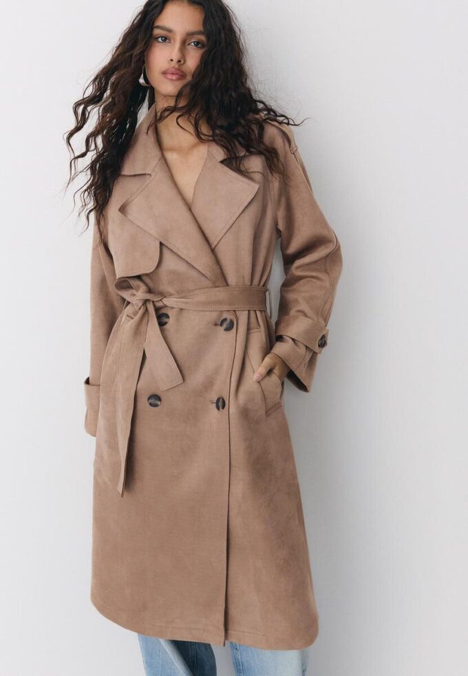 Trench lungo in ecopelle scamosciata