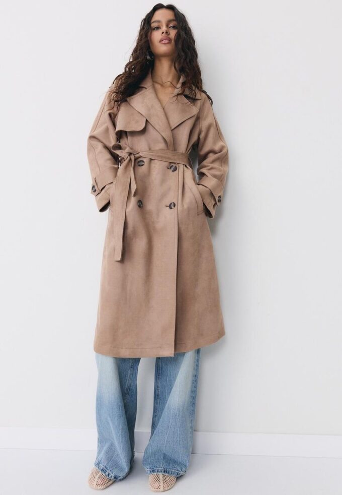 Trench lungo in ecopelle scamosciata