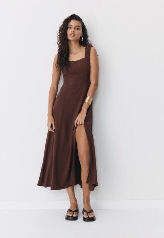 Vestito midi con scollo incrociato effetto lino