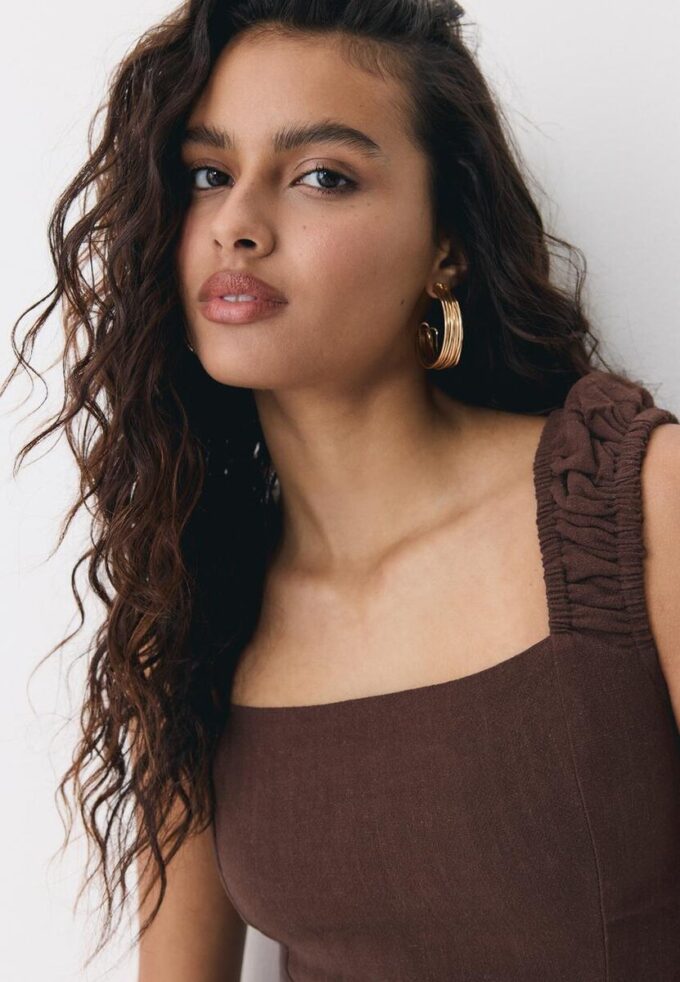 Vestito midi con scollo incrociato effetto lino