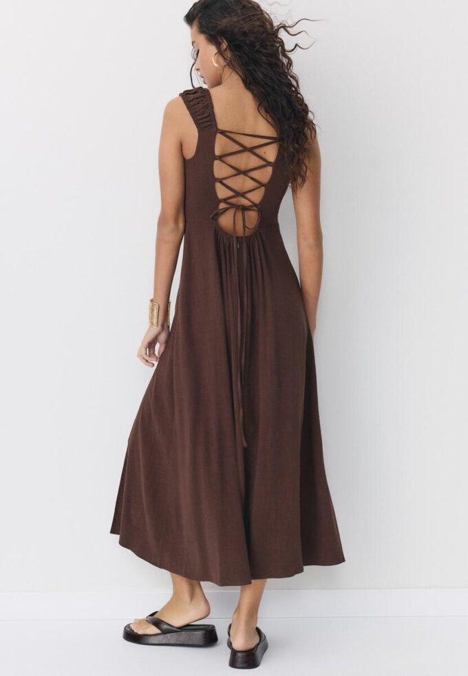 Vestito midi con scollo incrociato effetto lino