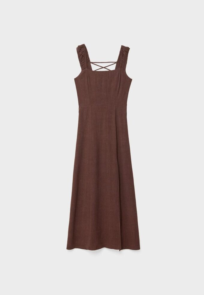 Vestito midi con scollo incrociato effetto lino